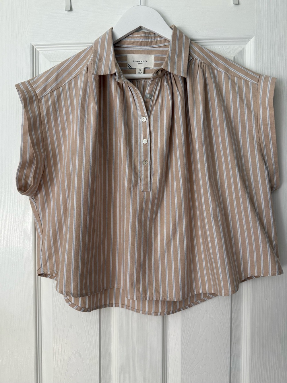 Pomander Place Tan and White Striped Cap-Sleeve Button Front Top